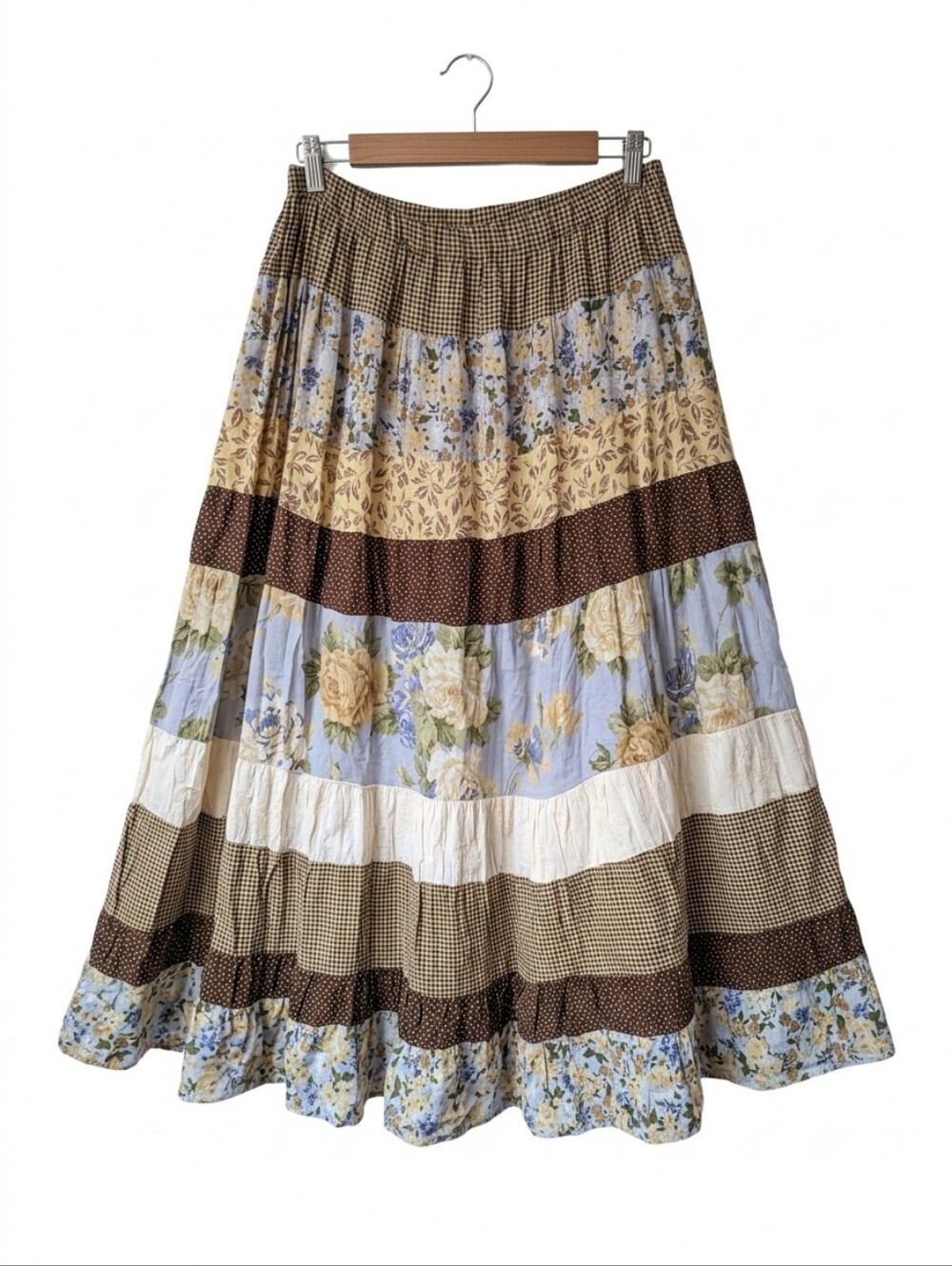 Vtg Lucia Lukken Broomskirtsfliral A Line Maxi Skirt Rayon Yellow Brown